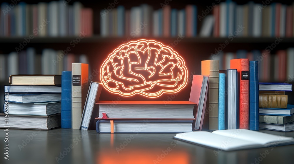Poster a visual representation of a glowing brain amidst stacks of books, symbolizing knowledge, learning, 
