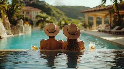 Couple Relaxing Poolside Enjoying Tropical Vacation
