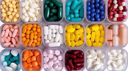 A colorful assortment of pills and capsules displayed in organized containers, highlighting various shapes and colors.