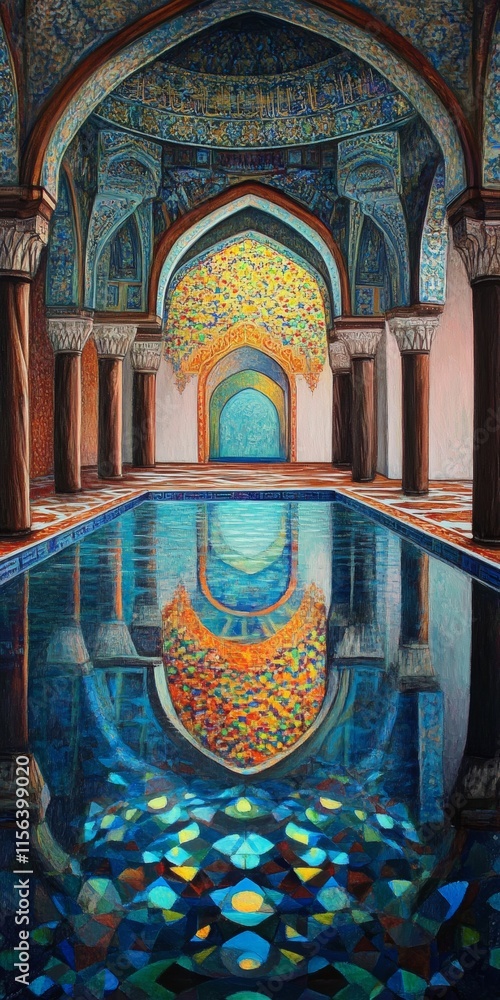 Poster a painting of a blue pool with a reflection of the pool in the painting. the pool is surrounded by a