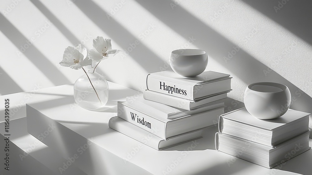 Poster a minimalistic scene featuring stacked books, decorative bowls, and a vase with flowers, illuminated