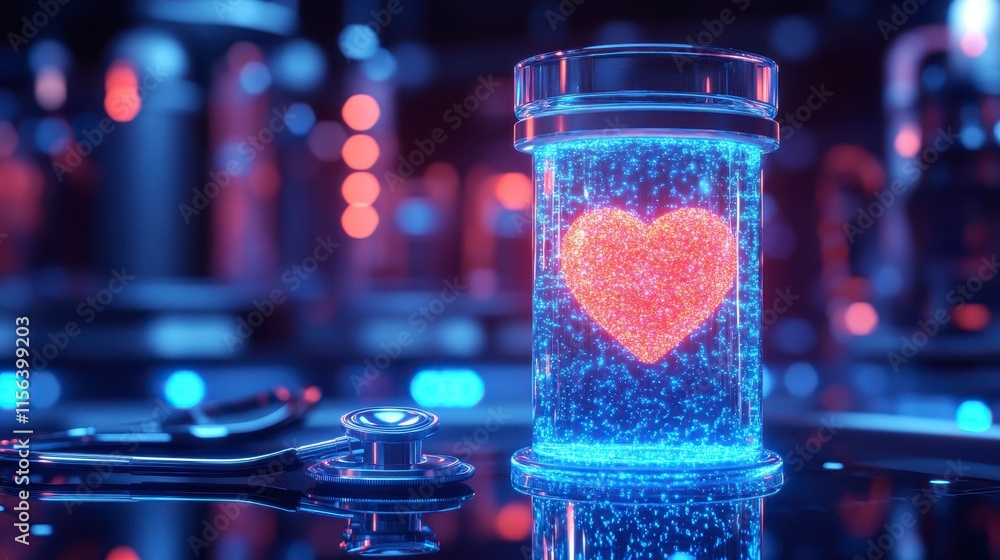 Poster a glowing heart is encapsulated in a glass jar, surrounded by a futuristic laboratory setting with v