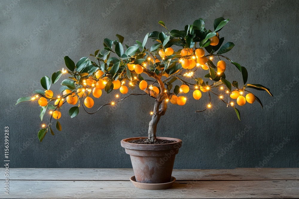 Poster a small orange tree with lights on it. the tree is in a pot and is on a table