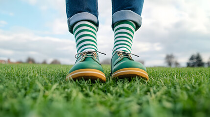 Leprechaun boots and striped stockings stand on lush green grass, creating playful and festive atmosphere. vibrant colors evoke sense of fun and celebration