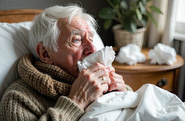 Sick old grandfather lying in bed and blowing his nose into his handkerchief