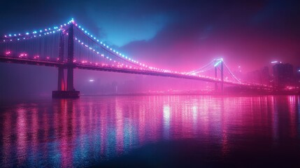 Fototapeta premium Neon-lit suspension bridge at night reflecting in calm water, foggy atmosphere.
