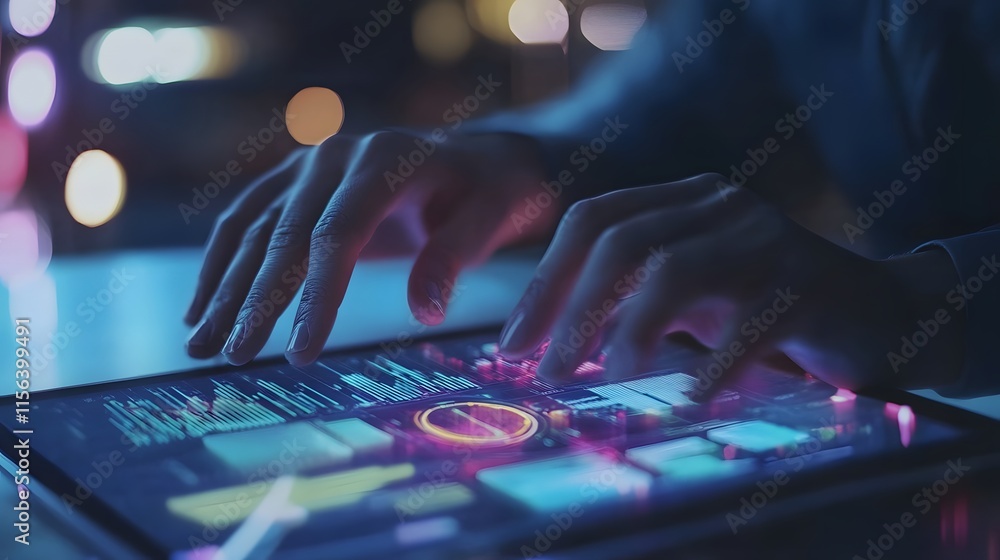 Poster hands interacting with a futuristic tablet display
