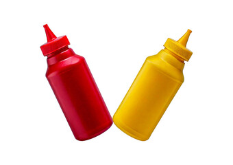 Flying ketchup and mustard plastic bottles isolated on a transparent or white background