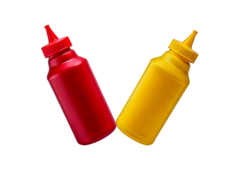 Flying ketchup and mustard plastic bottles isolated on a transparent or white background