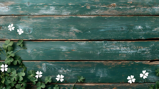 St. Patrick's Day themed rustic green wood background with shamrocks., A close-up view of a weathered, dark green wooden plank wall.
