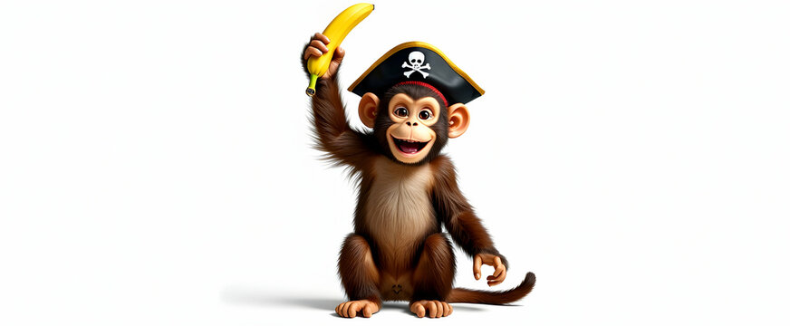 Jolly Roger Chimpanzee: A mischievous monkey in a pirate hat, playfully holding a banana against a pristine white background.  A delightful cartoon!