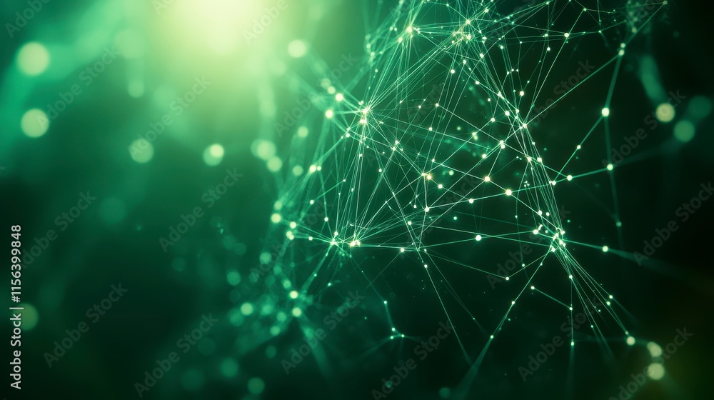 Poster abstract network illustration with interconnected nodes and glowing particles in shades of green, cr