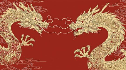 A minimalist red background featuring an isolated golden dragon with intricate scales and glowing eyes, creating a sense of awe