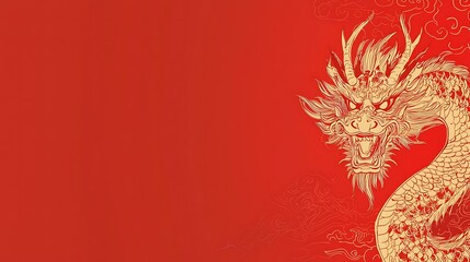 A minimalist red background featuring an isolated golden dragon with intricate scales and glowing eyes, creating a sense of awe