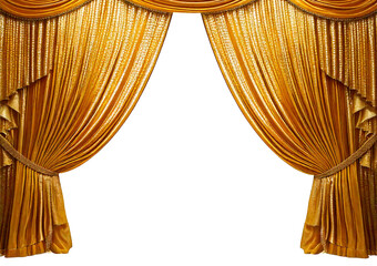 Glitter golden curtains reveal show grand opening stage isolated on a transparent or white...