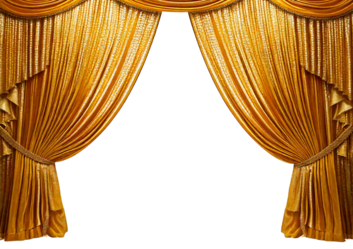 Glitter golden curtains reveal show grand opening stage isolated on a transparent or white background