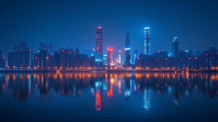 Fototapeta premium Night cityscape reflected in calm water. (2)