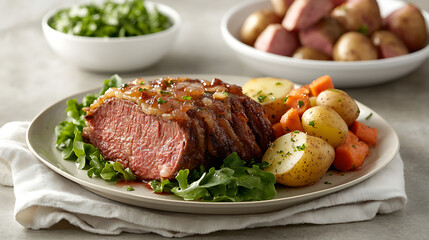 Delicious Dinner Plate Featuring Roasted Steak, Sweet Potato, and Carrots, A close-up view of a beautifully plated dinner featuring a perfectly seared steak, alongside roasted sweet potato and sliced 