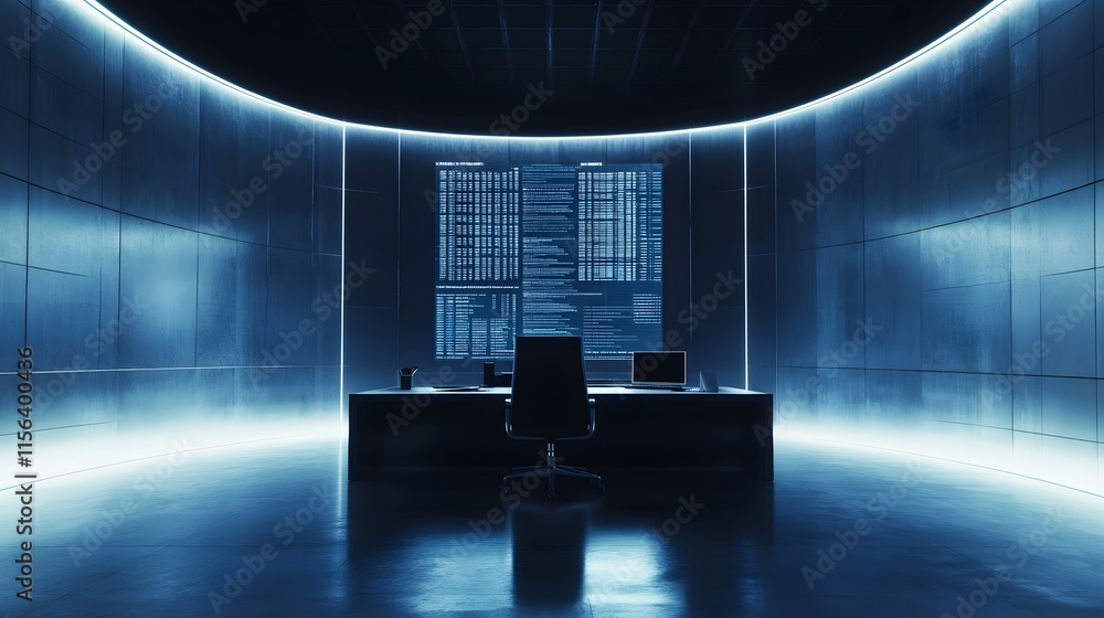 Poster modern futuristic office with large data screen display