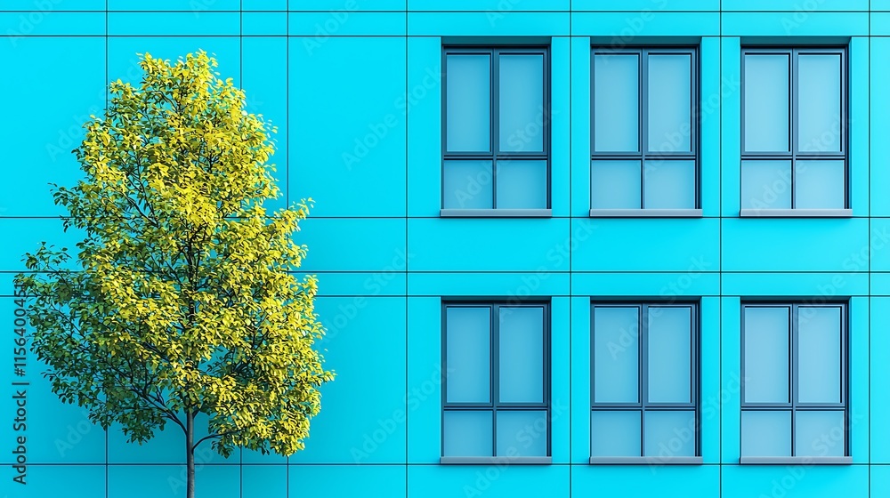 Poster a small tree stands beside a teal building with windows