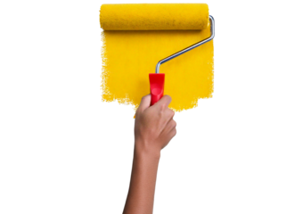 Hand painting using a yellow roller brush isolated on a transparent or white background