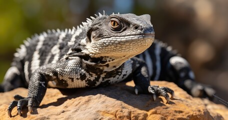Obraz premium A close-up of a lizard resting on a rock, showcasing its intricate patterns and textures.