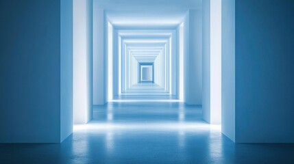 Fototapeta premium A serene, futuristic corridor illuminated in blue light, featuring a repeating geometric pattern that creates a sense of depth and perspective.