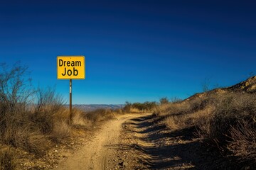 A sleek and vibrant image of a yellow "Dream Job" sign standing tall on an off-road trail, with the clear, deep blue sky filling the background for contrast.