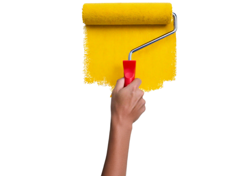 Hand painting using a yellow roller brush isolated on a transparent or white background