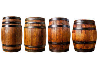 Set wooden oak barrels isolated on a transparent or white background