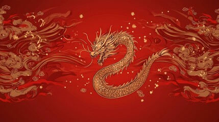 Fototapeta premium A vibrant red background with an isolated golden dragon unfurling its wings, as shimmering gold particles surround it