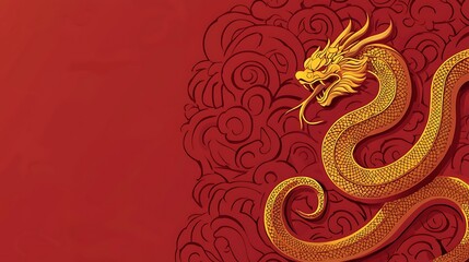 A vibrant red background with an isolated small snake slithering elegantly, its body decorated with gold accents