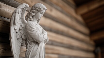 Serene angel statue against a wooden background.