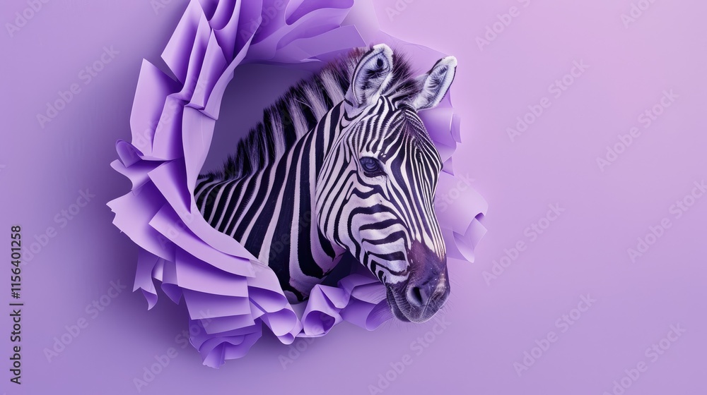 Poster a zebra's head emerges through a torn purple backdrop, creating a striking visual effect.
