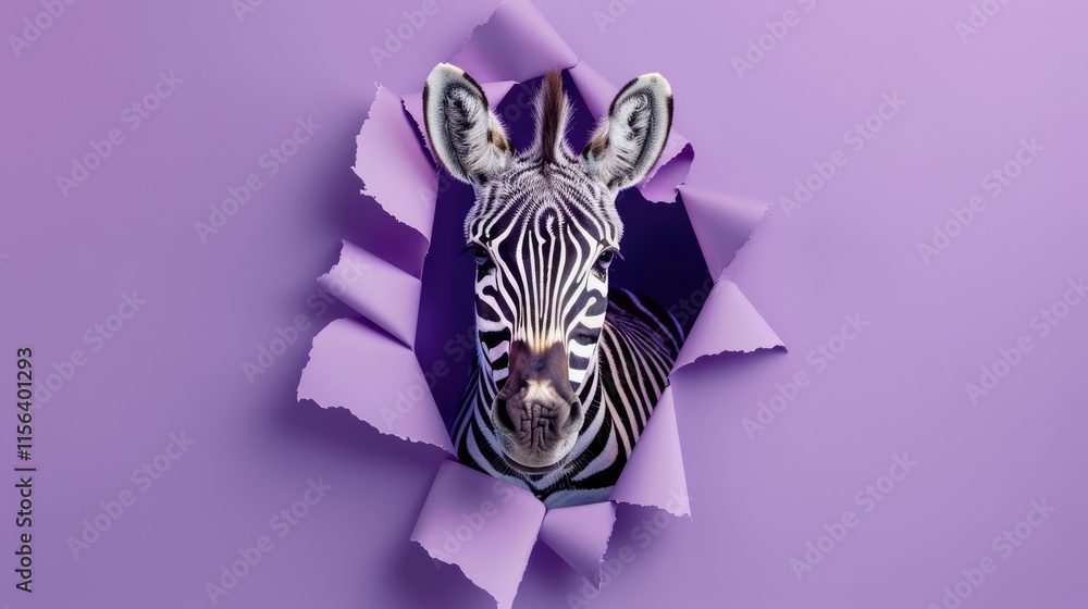 Poster a zebra's face emerging from torn purple paper, creating a playful and vibrant visual effect.