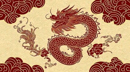 A fierce dragon emerging from swirling red and gold clouds on a Chinese New Year postcard