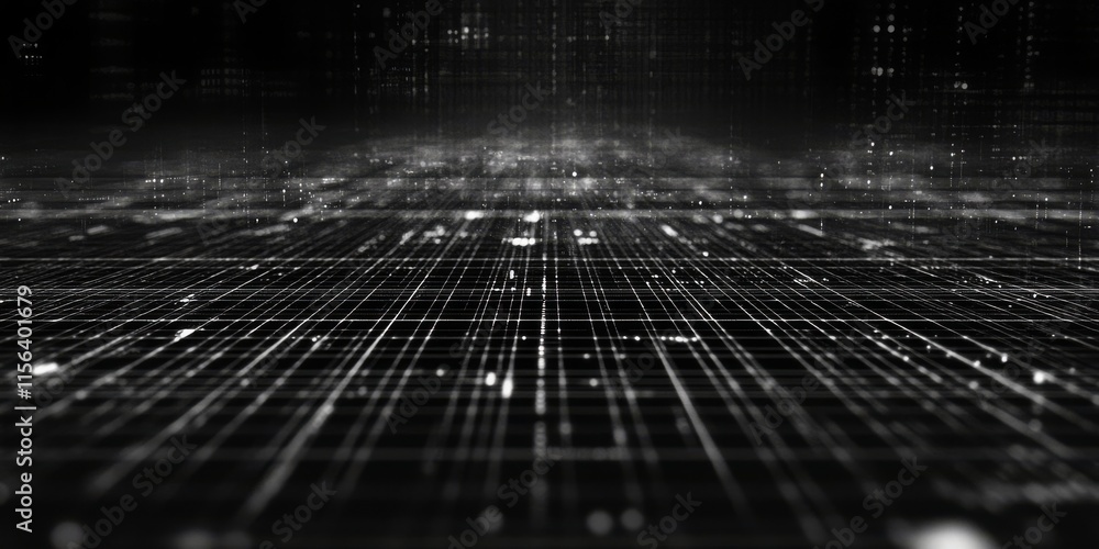 Poster a black and white image of a grid of dots. the dots are arranged in a pattern and are very close tog