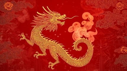 Fototapeta premium A glowing red background with an isolated golden dragon with fiery eyes and smoke trailing from its nostrils, exuding strength