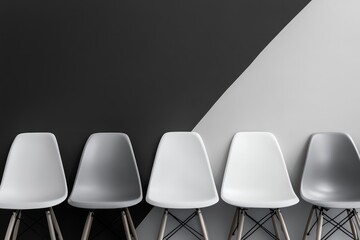 A slightly elevated view of a row of empty minimalist chairs in varying shades of gray, blending harmoniously with the monochrome background for a modern vibe.