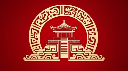 Fototapeta premium A bold red background featuring an isolated mockup of a pyramid-shaped gift box with Chinese symbols