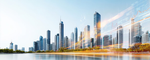 Fototapeta premium Dynamic city skyline with digital data streams and vibrant architecture