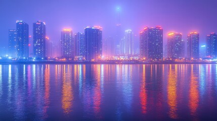 Fototapeta premium Night cityscape reflected in calm water, hazy purple and orange tones.