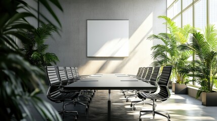 A modern conference room featuring a large table, ergonomic chairs, and greenery, creating a bright and inviting atmosphere for meetings.