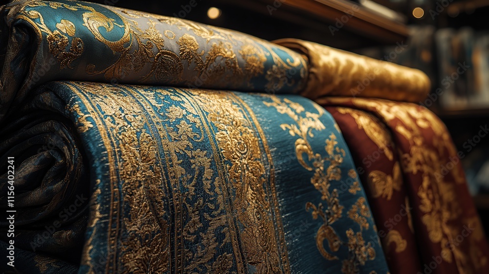 Poster a high-end display of brocade fabric with rich patterns, folded elegantly in a luxurious store