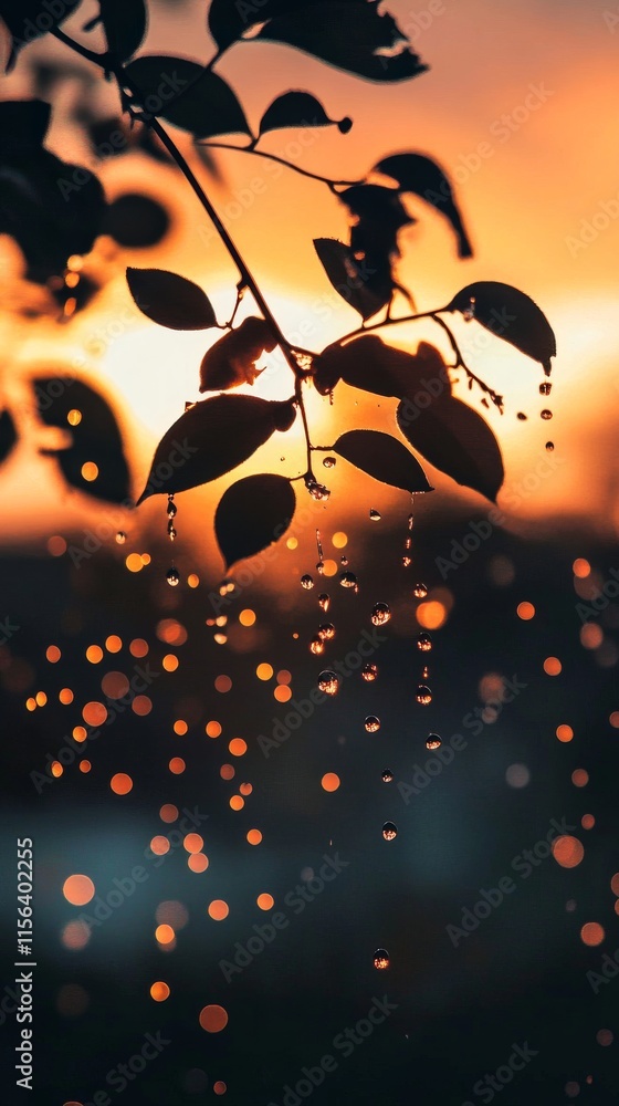 Poster a leaf is dripping with raindrops and the sun is setting in the background. concept of tranquility a