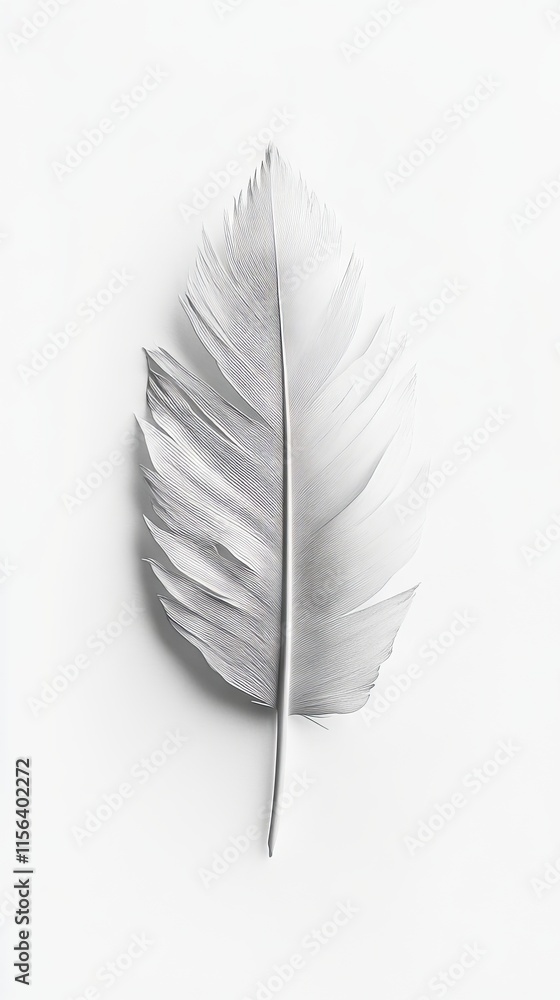 Poster a single white feather on a white background showcasing minimalist design and texture.
