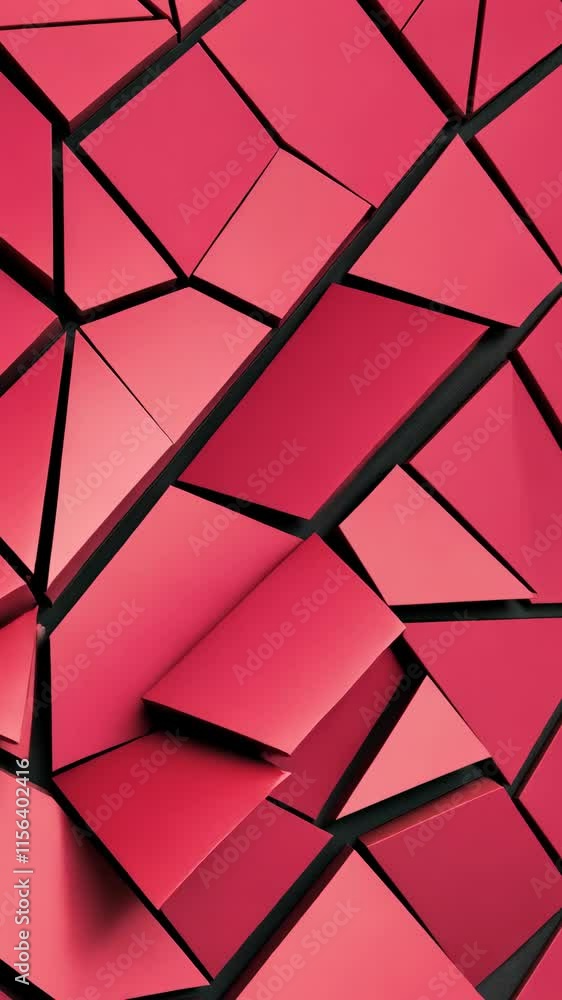 Poster colorful red geometric design with varying angles and shapes creating a dynamic visual effect