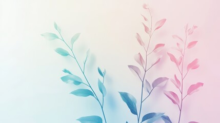 A leafy plant with pink and blue leaves. The leaves are on a white background