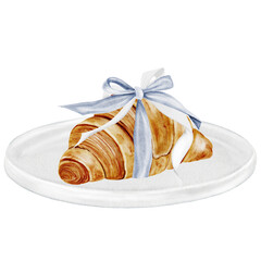 Croissant on a plate watercolor. Hand drawn fresh french bun with a vintage bow. Food clip art. Ideal for bakery prints, postcards and pastry shop posters.