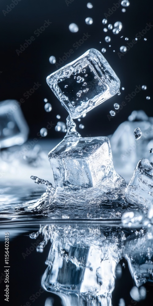 Aufkleber a splash of water is falling on a table with a few ice cubes. the water is reflecting the ice cubes 